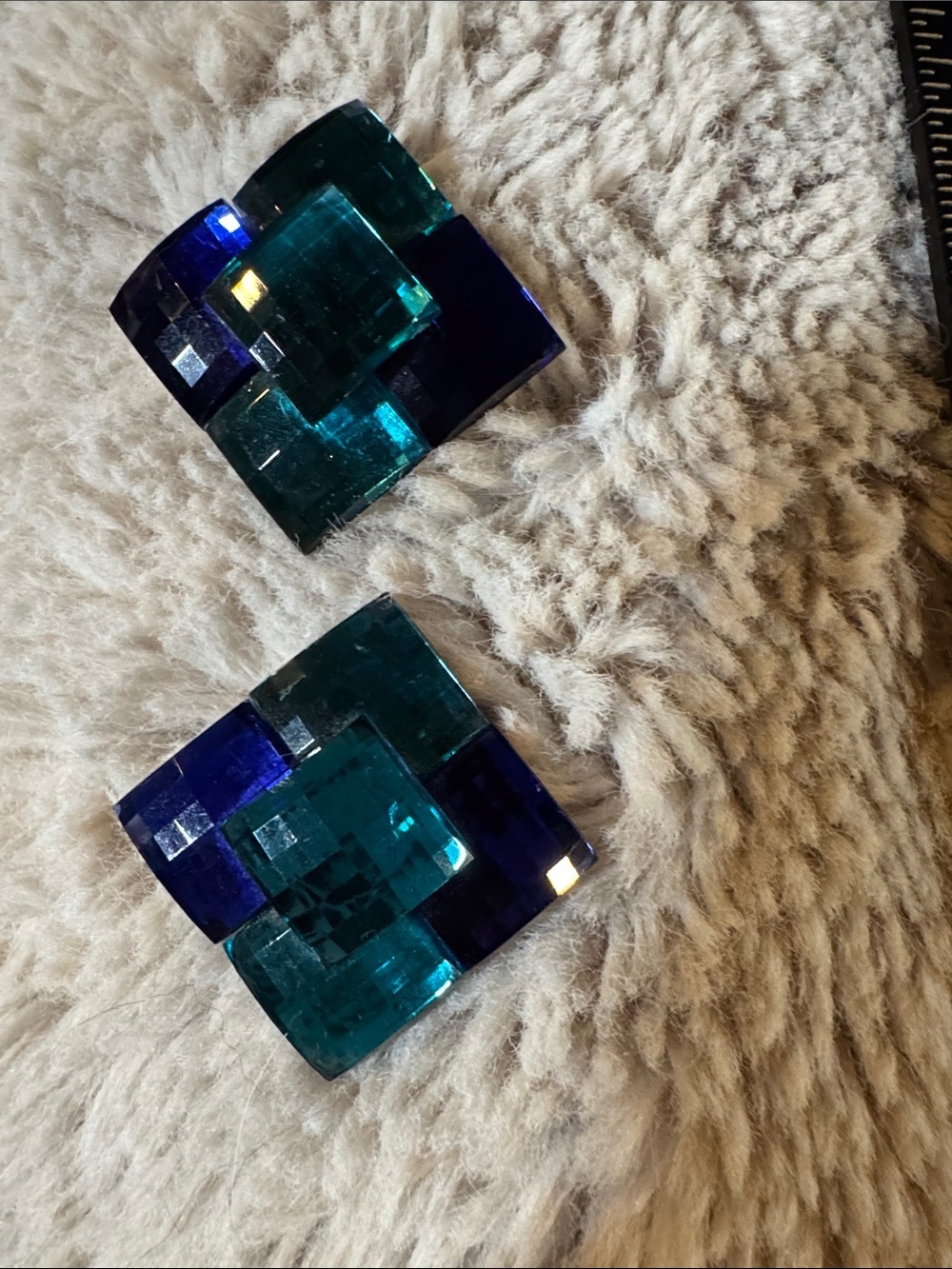 SPARKLE! Vintage Geometric Teal & Cobalt Glass Clip-On Earrings